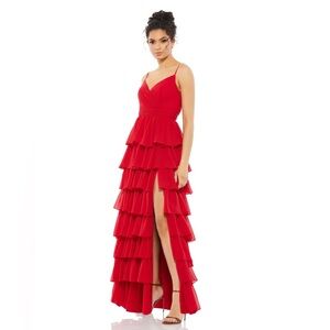 NWT Mac Duggal 55416 Sleeveless Bold Tiered Ruffle Gown Dress Thigh Slit Prom